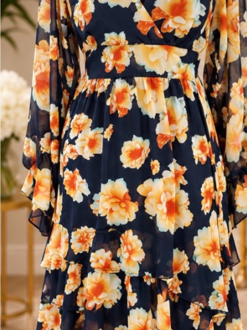 Betsey Johnson Navy Orange Floral Chiffon Dress Size 8 Bell Sleeve Tie Waist